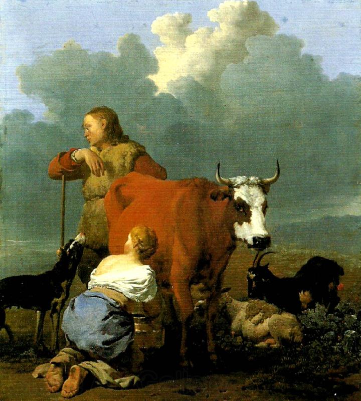 Karel Dujardin bondflicka mjolkande en ko Spain oil painting art